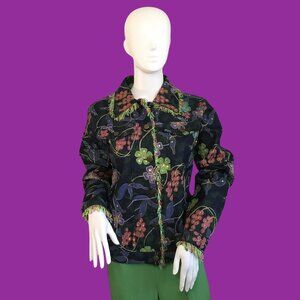 Stunning Floral Painted Design Gold Trim Accents Bling Fring Edging Denim Jacket